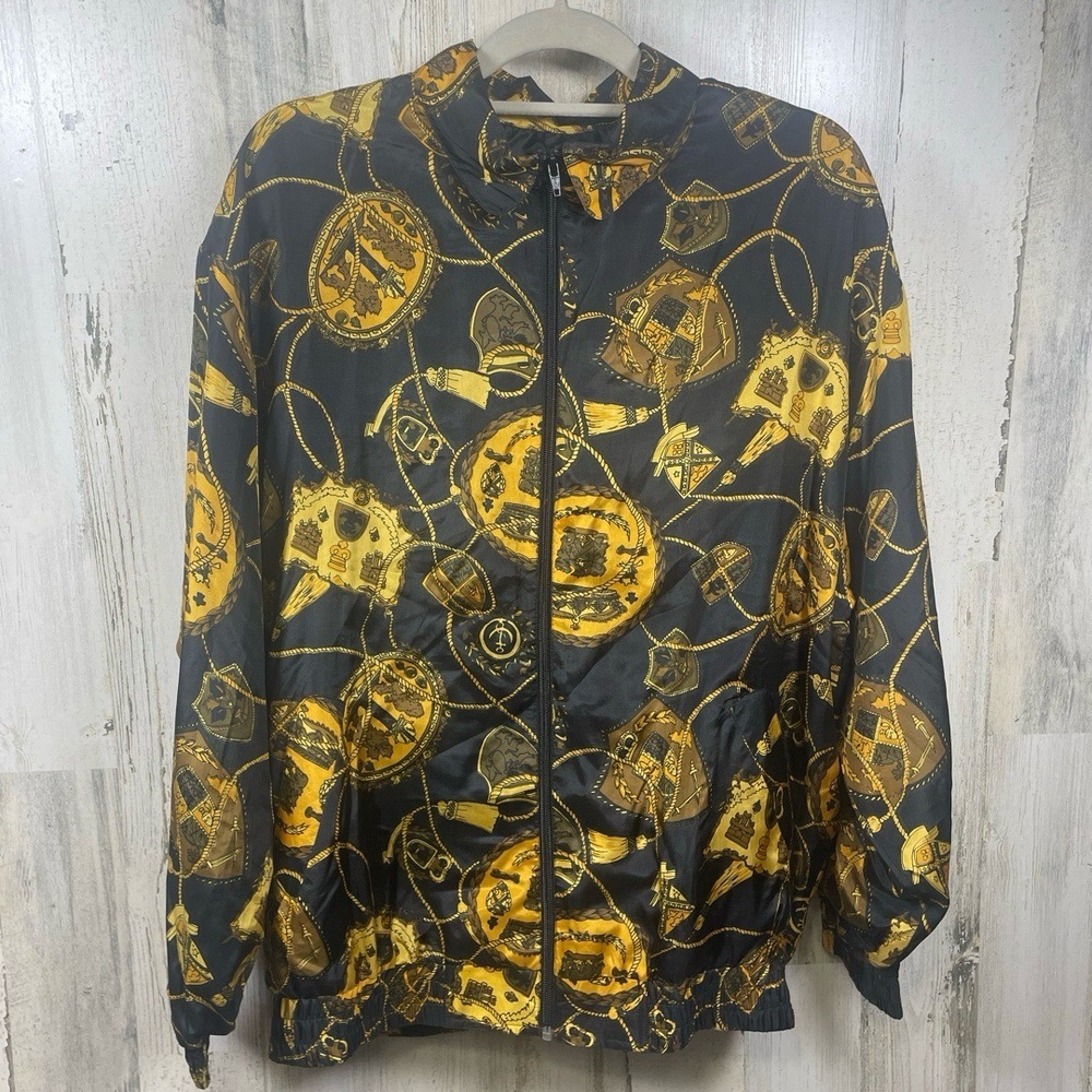 Oleg Cassini Vintage 100% Silk Luxury Printed Windbreaker Full‎ Zip size L NWT
